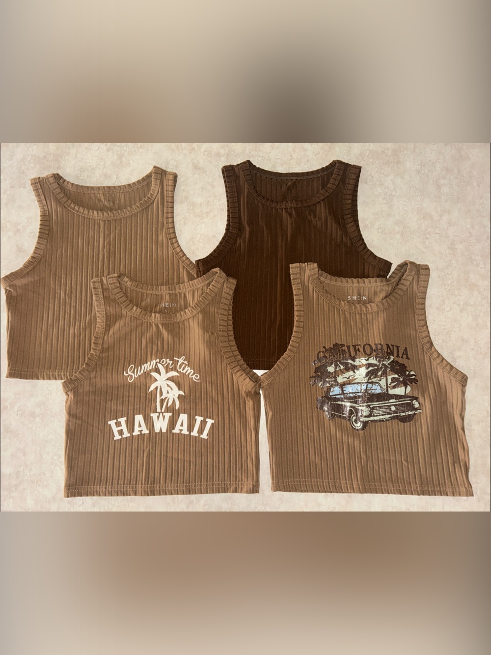SHEIN Brown Ribbed Graphic Crop Top Set - Hawaii & California Prints